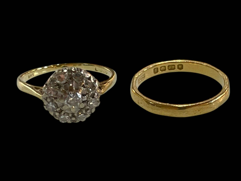 22 carat gold wedding band ring with good hallmark for London 1953, together with diamond nine stone 18 carat gold ring (2).