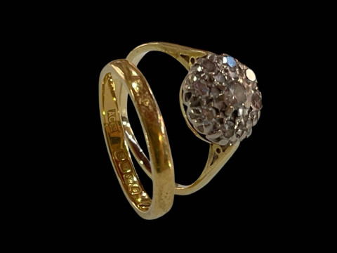 22 carat gold wedding band ring with good hallmark for London 1953, together with diamond nine stone 18 carat gold ring (2). thumbnail