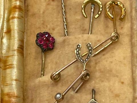 Collection of seven mostly gold stick pins and brooches.