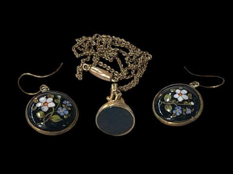 Pair enamel earrings and a fob on chain (2).