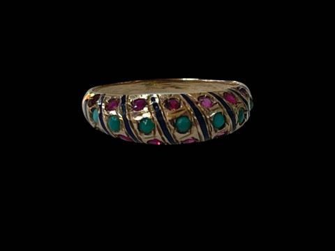 Turquoise, ruby and blue enamel gold ring, tested for 14 carat, size P.