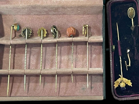 Collection of nine mostly gold stick pins including thistle and Masonic.