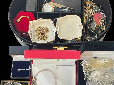 Collection of jewellery with vanity case including two 9 carat gold bracelets...
