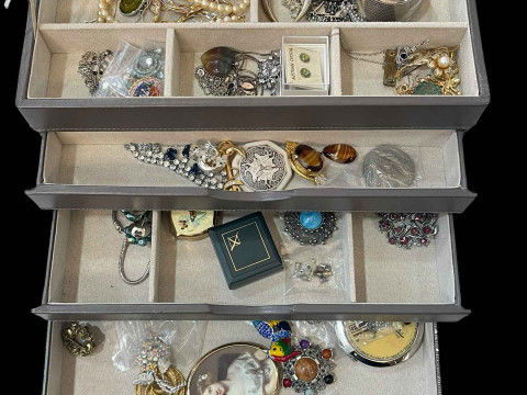 Jewellery box and contents including some silver.