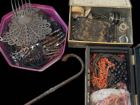 Three boxes with tortoiseshell hair tidies, coral and other jewellery,...