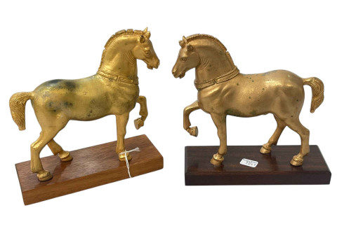 Two San Marco horse sculptures, copper gilded with 24 carat gold, 18cm...
