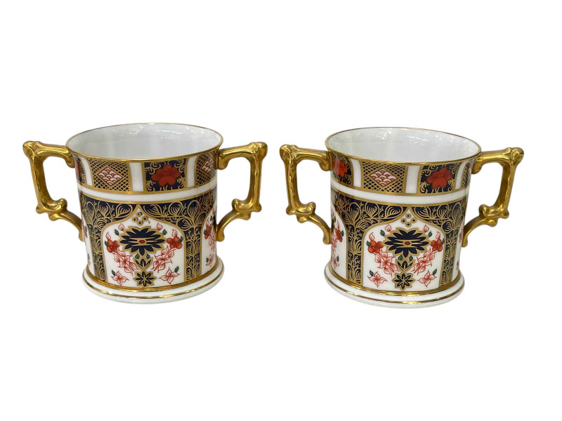 Royal Crown Derby Imari pattern pair of loving cups.