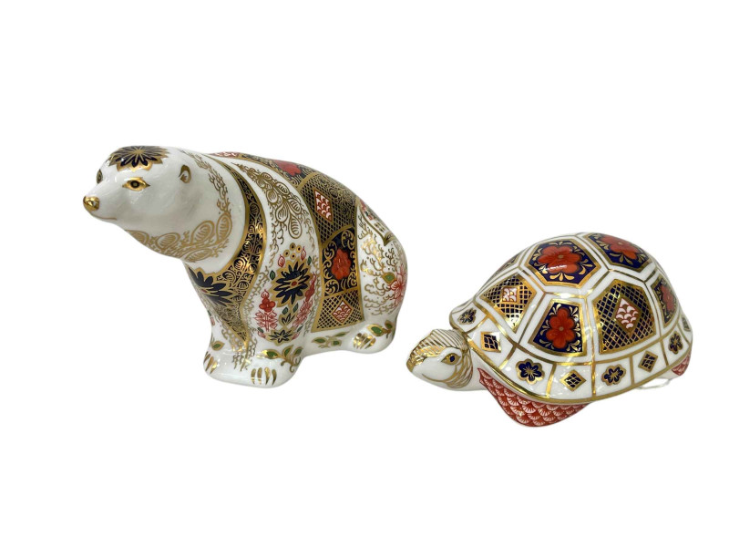 Two Royal Crown Derby paperweights, bear and turtle.