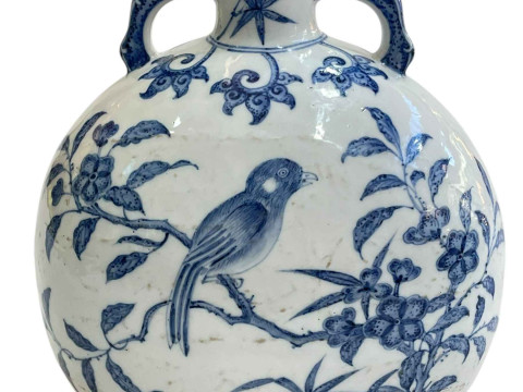 Chinese blue and white two handled vase decorated with birds on branch, 24.5cm. thumbnail