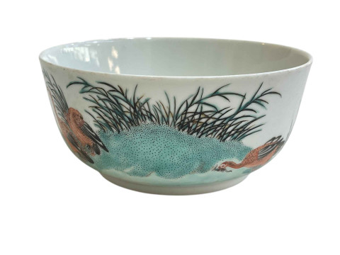 Chinese bowl decorated with birds and verse and floral interior, painted...