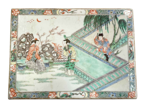 Chinese famille rose double sided pottery tile decorated with figures,...