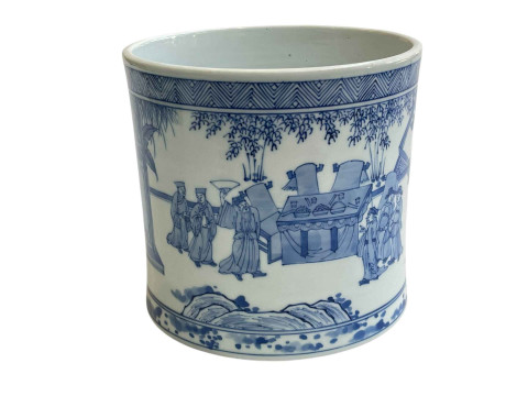 Chinese blue and white brush pot decorated with figures and landscape,...