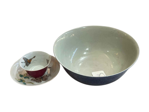 Chinese tea bowl and saucer, well painted with butterflies and flower,...