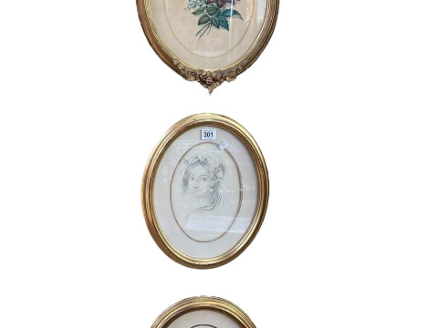 Pair gilt framed oval portrait drawings and gilt framed oval floral print...