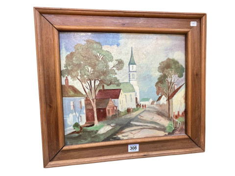 Frank Pattinson, Peterlee 1982, oil painting of a church, initialled FP...