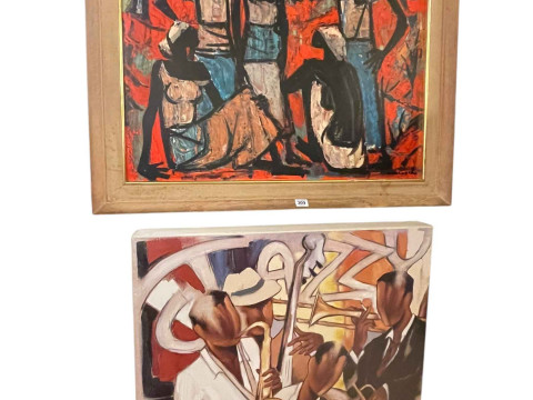 Two contemporary prints of jazz musicians and ethnic ladies.
