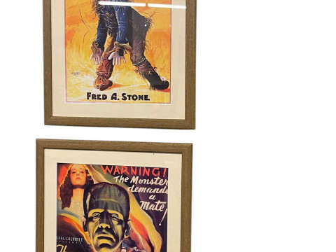 Three framed prints of film posters, The Wizard of Oz, The Bride of Frankenstein...
