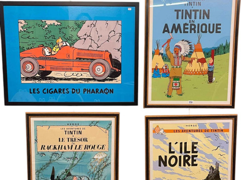 Four framed French Adventures of Tin Tin prints, three 79cm by 59cm, including...