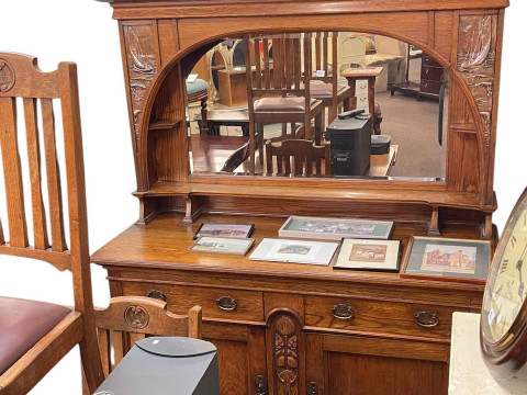 Art Nouveau oak mirror back sideboard with decorative copper panels, 195cm...