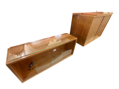 Adjustable teak three section wall unit.
