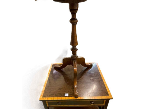 Oval topped tripod occasional table, satinwood banded single drawer side...