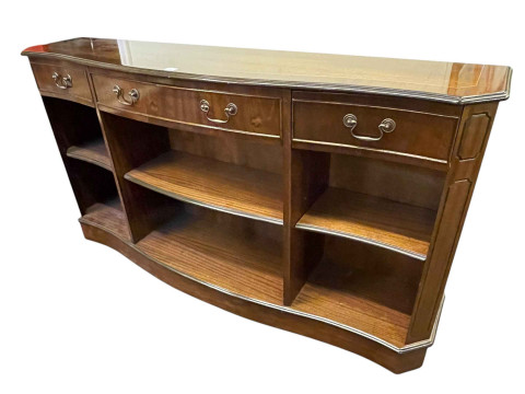 Mahogany serpentine front three drawer open bookcase, rectangular mahogany...