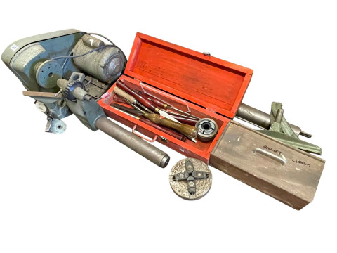 Nu Tool 12'' 5 speed wood turning lathe and accessories including chisels.