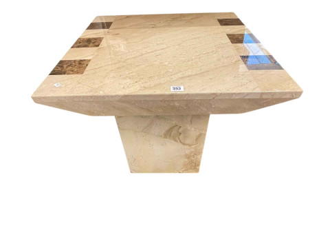 Contemporary marble coffee table on pedestal base, 55cm by 65cm by 65cm.