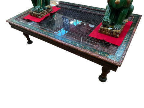 Large painted Indian rectangular low centre table with inset glass top,...