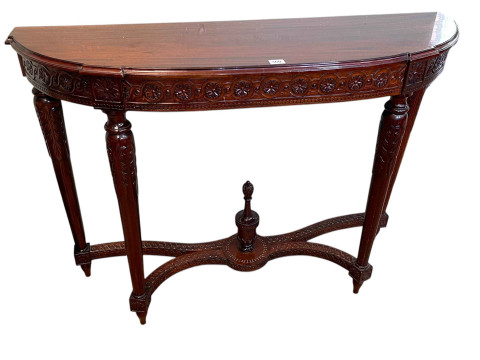 Polished mahogany shaped demi lune console table, 78cm by 111cm by 33cm.
