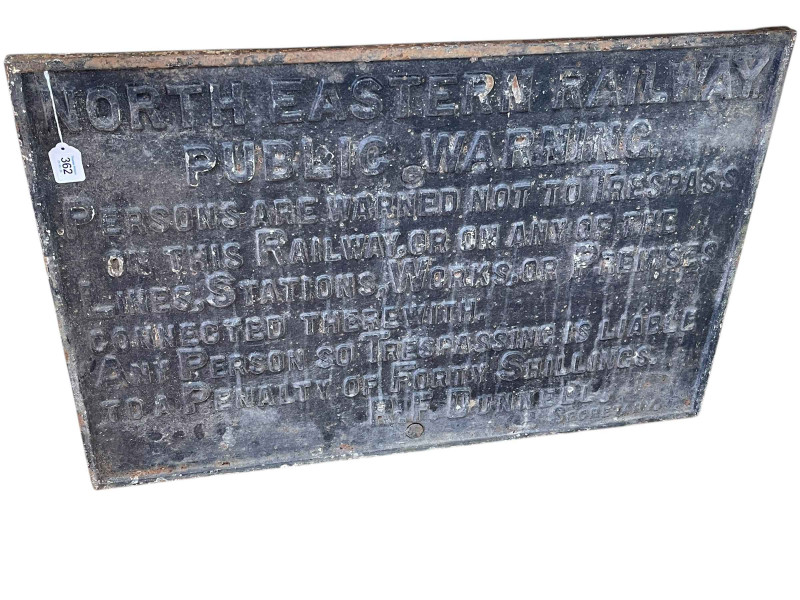 Cast iron North Eastern Railway Public Warning Sign, 59.5cm by 90.5cm.