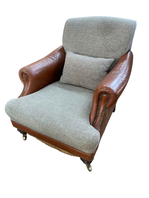Tetrad tan leather, Harris Tweed and brass buttoned armchair, 83cm by 75cm by 102cm.
