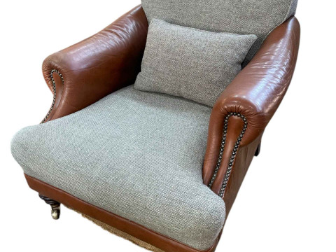 Tetrad tan leather, Harris Tweed and brass buttoned armchair, 83cm by...