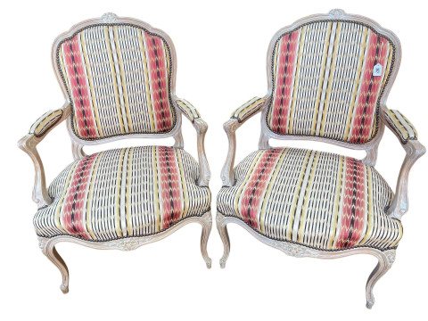 Pair Bonora French style fauteuils in striped fabric, 100cm by 67cm by...