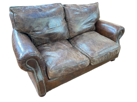 Vintage Timothy Oulton Halo brown leather two seater sofa, 150cm by 95cm...