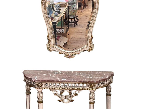 Continental marble topped bow end console table and bevelled wall mirror,...