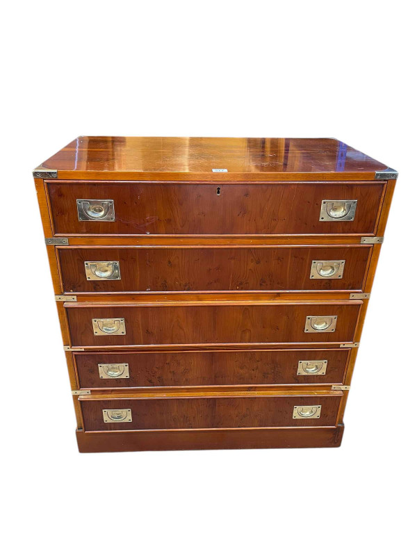 Yew campaign style five drawer secretaire chest, 82.5cm by 76.5cm by 43.5cm.