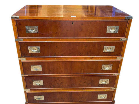 Yew campaign style five drawer secretaire chest, 82.5cm by 76.5cm by 43.5cm.