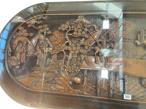 Large Oriental carved oval low centre table and six stools, table, 52cm by 157cm by 70cm. thumbnail