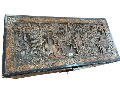 Oriental carved camphorwood low two door cabinet, 51cm by 97cm by 47cm. thumbnail