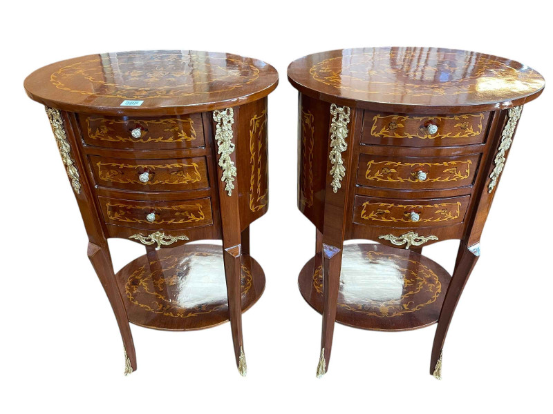 Pair Continental oval inlaid and gilt mounted three drawer pedestals, 75cm by 48cm by 38cm.