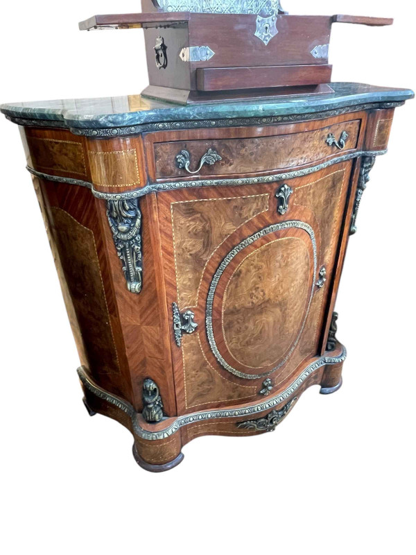 Continental walnut, chequer inlaid and brass mounted marble topped serpentine front cabinet, 102cm by 108cm by 45cm.
