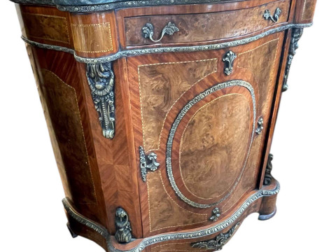 Continental walnut, chequer inlaid and brass mounted marble topped serpentine...