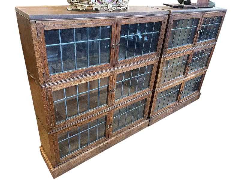 Pair inlaid oak and leaded glass six door bookcases, 102cm by 88cm by 24cm.