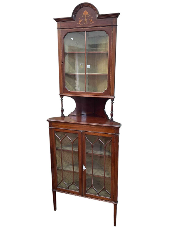 Edwardian inlaid mahogany three door glazed corner display cabinet, 214cm.