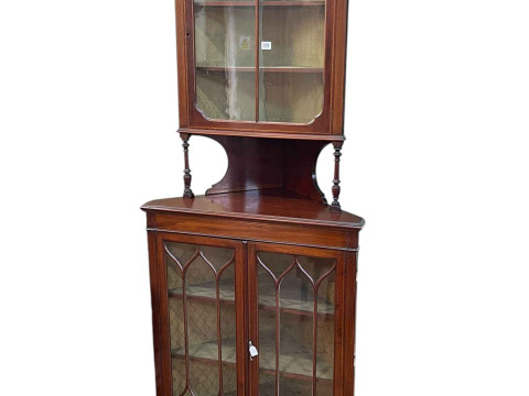 Edwardian inlaid mahogany three door glazed corner display cabinet, 214cm.