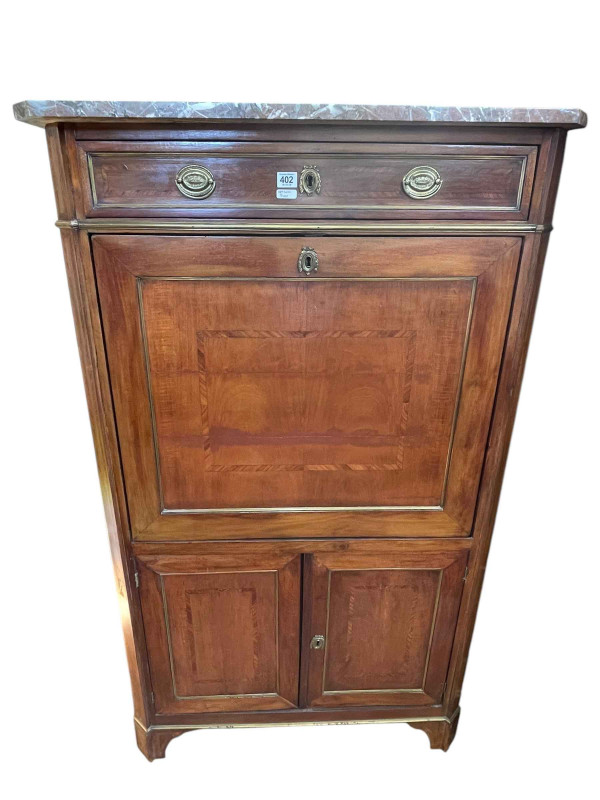 Antique Continental mahogany crossbanded secretaire abbatant having canted marble top above a frieze drawer with a fall front below above two cupboard doors, 147cm by 86cm by 40cm.