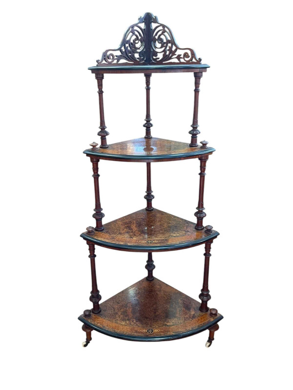 Victorian burr walnut, satinwood and ebonised graduated four tier corner whatnot, 144cm.