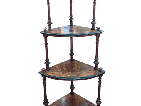 Victorian burr walnut, satinwood and ebonised graduated four tier corner...