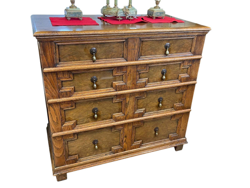 Jacobean style oak chest of four long drawers, 87cm by 90.5cm by 47cm.